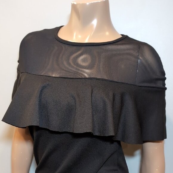 Black Flutter Sleeve Mini Dress Sheer Illusion Flounce Bodycon LBD Cocktail - Picture 3 of 7